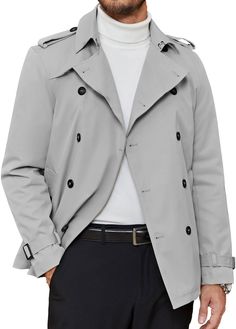 This men’s double-breasted, belted short trench coat is designed with a modern silhouette and classic styling, offering a sleek and stylish look. The coat exudes sophistication with a relaxed fit and notch lapel for a timelessly fashionable appeal. Durable materials with wind and water-proofing will keep you warm and dry all season long. 100% Polyester Machine Wash Material: Functional Casual Short Trenchcoat for men is well made of polyester, windproof fabric, fully lining, classy design, lightweight transition overcoat is great for spring, autumn and early winter, durable and comfortable SIZE NECK CHEST WAIST SLEEVE S 14-14½″ 34-36″ 28-30″ 32-33″ M 15-15½″ 38-40″ 32-34″ 33-34″ L 16-16½″ 42-44″ 36-38″ 34-35″ XL 17-17½″ 46-48″ 40-42″ 35-36″ 2XL 18-18½″ 50-52″ 44-46″ 36-37″ 3XL 19-19½″ 54-5 Business Pea Coat With Belted Cuffs And Lapel Collar, Business Pea Coat With Belted Cuffs, Casual Belted Business Outerwear, Casual Belted Outerwear For Business, Spring Double-breasted Belted Pea Coat, Casual Double-breasted Business Pea Coat, Casual Double-breasted Pea Coat For Business, Modern Double-breasted Spring Outerwear, Spring Business Pea Coat With Pockets