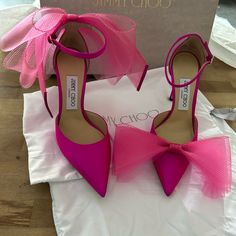 Questions? Leave A Comment Below! Pink High Heels Party, Averly 100, Hot Pink Heels, Mesh Bows, Women High Heels, Jimmy Choo Heels, Bow Heels, Satin Pumps, Jimmy Choo Shoes