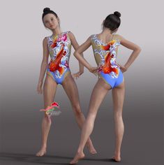 two women in swimsuits standing next to each other with dragon designs on them