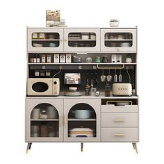 a kitchen with an oven, microwave and cabinets on top of each other in front of a white background