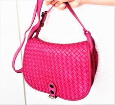 "Fuchsia Italian Woven Leather Crossbody Bag, Customizable, Soft Italian Woven Leather Purse, Soft Handbag, Italian Woven Shoulder Bag, Gemma, comes in following dimensions: W 10.3\" x H 10\" x D 5\" This bag has made by our italian partner and customizable by our team. We offer one free monogram or name personalization. Please check fonts, color thread, tag samples and leave your monogram or name to embroider. Features: Inside: The bag closes with magnetic snap Two compartments inside with cent Chic Pink Saddle Bag For Everyday Use, Pink Leather Tote Flap Bag, Pink Leather Flap Bag For Travel, Pink Satchel Saddle Bag With Detachable Strap, Pink Saddle Bag With Detachable Strap Satchel, Pink Crossbody Saddle Bag With Detachable Strap, Pink Saddle Bag With Detachable Strap, Pink Crossbody Saddle Bag For Everyday Use, Pink Clutch Flap Bag For Travel