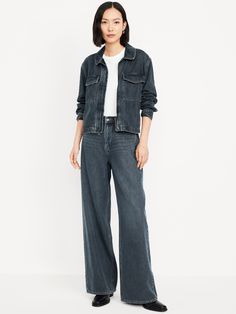 high waisted button front belt loops zip fly front scoop pockets back patch pockets whiskering sits at belly button loose hip and thigh hits below ankle 30" regular inseam 28" petite inseam 33" tall inseam models are approx.  5'9" and wear sizes s (4), l (12), and xl (18)machine wash according to the care instruction label  . Best Holiday gift for Women , perfect Jeans for Christmas! Family Pajamas, Family Maternity, Old Navy Women, Back Patch, Bottom Clothes, Big And Tall, Jeans Black, Petite Size, Belly Button