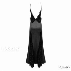 Lasaky - Elegant Noir Plunge Sequined Lace Panel Silky Satin Maxi Fishtail Evening Gown V-neck Gown With Lace Trim For Party, Party Satin Gown With Lace Trim, Party Gown With Lace Trim And Satin Material, Satin Gown With Lace Trim For Party, Elegant Backless Sleepwear, Backless Gown For Wedding Night, Party V-neck Nightgown With Lace Trim, Satin Backless Sleepwear For Party, Backless Satin Sleepwear For Party