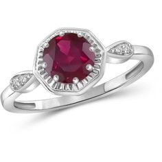 When the occasion calls for brilliance, this is the ring you\'ll reach for. This dazzling piece features an eye-popping round genuine ruby that is just what you need to add never-ending sparkle to your little black dress or a touch of cool elegance to your most show-stopping cocktail number. It\'s accented with glittering genuine round white diamonds and its high-polish sterling silver surface will glimmer brilliantly against any light at every turn of your hand. It\'s a gorgeous piece you\'ll t Ring Birthstone, Silver Jewelry Rings, Ruby Gemstone, Ruby Ring, Sapphire Gemstone, Sterling Silver Bands, Birthstone Jewelry, Silver Band, White Diamond