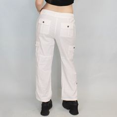 Vintage Y2k Belted White Cargo Pants by AB Studio! Baggy low rise fit with fold up pedal pusher length cuffs and embroidered filigree detail on one side. Size 2!several bright orange tiny stain spots, zoom on photosWaist: 31"Hips: 37"Rise: 9 3/4"Inseam: 26 1/4" Y2k Cotton Wide-leg Bottoms, Cotton Wide-leg Y2k Bottoms, Y2k Cotton Wide-leg Pants, Y2k Style Wide-leg Cotton Bottoms, Y2k Style Straight Leg Parachute Pants For Summer, White Stretch Straight Leg Cargo Pants, Y2k Cotton Parachute Pants For Summer, Y2k Style Cotton Parachute Pants For Summer, Y2k Style Summer Cotton Parachute Pants