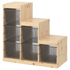 three wooden shelves with mesh bins on each one and two separate sections for storage