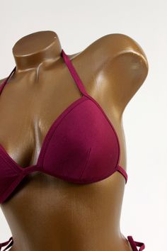 Custom Made in 7 business days. - Fabric: Burgundy satin spandex - Style: Molded triangle top, Low-rise bottom, Tie string fastening - Features: Scrunch back, Moderate back coverage