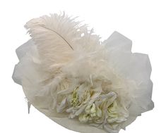 "Edwardian Hat Ivory #4488 Edwardian/Victorian white hat frame with Ivory lace covering the crown, chiffon band, Ivory tulle, lace bow, Ivory roses and Ivory ostrich plume feathers and chandelle feathers.  Custom Order - This hat can also be made with a secondary accent color.  Please message me with the color you would like.  SIZE:  Medium,  22\" - 22 1/2\" inches for the head circumference.             This hat an adjustable sweatband so you can make it fit properly for women with smaller head Ivory Hat, Edwardian Hat, Lace Crown, Victorian Accessories, Lace Crowns, Victorian Hats, Bridal Hat, Ivory Roses, Kentucky Derby Hat