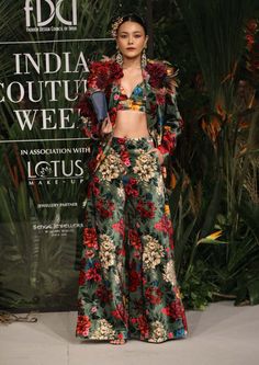 Varun Bahl-Green Floral Velvet Suit Set-INDIASPOPUP.COM Anarkali Jacket, Varun Bahl, Blouse Yoke, Long Anarkali, Printed Velvet, Velvet Suit, Bralette Top, Velvet Color, Bralette Tops