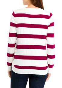 Kim Rogers® Women's Button Trim Striped Sweater | belk Cotton Sweater With Horizontal Stripes For Winter, Winter Cotton Sweater With Horizontal Stripes, Winter Horizontal Stripe Cotton Sweater, Long Sleeve Horizontal Stripe Winter Top, Winter Cotton Tops With Striped Hem, Winter Long Sleeve Horizontal Stripe Top, Winter Long Sleeve Striped Top, Long Sleeve Sweater With Contrast Stripes For Layering, White Long Sleeve Sweater With Horizontal Stripes