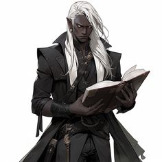 a man with long white hair is holding an open book and looking down at it