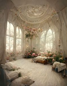 a room filled with lots of white furniture and flowers