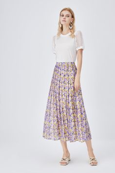 Style: Elegant,Boho & Vacation Fit: Loose Fabric: Lyocell Pattern: Floral Element: Non Dress/Skirt Length: Midi Rise: High Rise Product Type: Pleated,A Line Main Composition: Lyocell Season: Summer