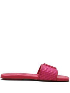 hot pink interwoven strap detailing leather trim logo plaque square open toe branded leather insole flat rubber sole Chanel 2, Iconic Bags, Demi Fine Jewelry, Summer Beach Wear, Fine Earrings, Ballet Flat Shoes, Lady Dior, Mules Shoes, Top Shoes