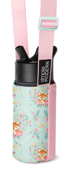 thermos bottle holder with straps is pink and blue, with flowers on it