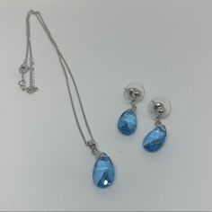 Beautiful Blue Stone Earring Necklace Set. Never Worn!! Blue Teardrop Pendant Jewelry For Party, Blue Metal Jewelry Sets As A Gift, Blue Sterling Silver Jewelry Sets For Party, Sterling Silver Blue Necklace With Matching Earrings, Blue Sterling Silver Necklace With Matching Earrings, Nickel Free Blue Jewelry Sets, Blue Teardrop Necklace With Matching Earrings, Nickel-free Blue Teardrop Pendant Jewelry, Silver Chain Earrings