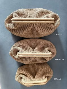 three different types of knitted bags with labels on the bottom and bottom one is labeled