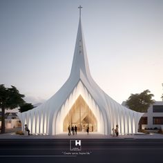 a large white church with people standing outside it