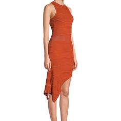 Torn By Ronny Kobo At Intermix. Textured Asymmetric Dress With Scoop Back Featuring A Strappy Design. Roundneck. Sleeveless. Pull-On Style. Asymmetric Hem. Scoop Back. Bodycon Silhouette. About 38" From Shoulder To Hem. Rayon/Nylon. Colour: Rust. Unique & Structured. Summer Bodycon Cocktail Asymmetrical Dress, Summer Cocktail Bodycon Asymmetrical Dress, Summer Cocktail Asymmetrical Bodycon Dress, Spring Sleeveless Bodycon Asymmetrical Dress, Chic Bodycon Sleeveless Asymmetrical Dress, Chic Asymmetrical Sleeveless Bodycon Dress, Fitted Asymmetrical Cocktail Dress With High-low Hem, Fitted Asymmetrical High-low Cocktail Dress, Cocktail Asymmetrical High-low Dress