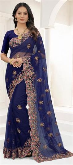 Blue color Saree in Net fabric with Embroidered, Resham, Stone, Thread, Zari work Blue Embroidered Saree For Party, Party Blue Embroidered Saree, Party Embroidered Blue Saree, Festive Bollywood Blue Embroidered Fabric, Blue Bollywood Embroidered Fabric For Festive Occasion, Blue Semi-stitched Embroidered Fabric For Reception, Blue Traditional Wear With Resham Embroidery For Party, Party Wear Blue Fabric With Resham Embroidery, Bollywood Style Blue Embroidered Fabric In Traditional Drape