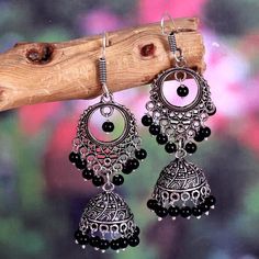 Oxidized Silver Plated Handmade Light Weight Party wear women Jhumka Jhumki Earrings/ Indian Traditi Bohemian Black Jhumkas For Gift, Bohemian Black Jhumkas As Gift, Black Bohemian Danglers For Festivals, Black Dangle Jhumkas With Latkans, Bohemian Black Jhumkas For Festive Occasions, Black Bohemian Chandbali Earrings, Traditional Black Dangle Jhumkas, Black Traditional Jhumkas For Gift, Traditional Black Jhumkas For Gift