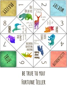 the fortune wheel for fortune tellers with different colors and numbers on it, including an animal