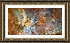 an image of the sky with stars and clouds in gold framed art print on white paper