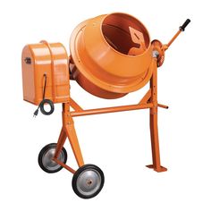 an orange cement mixer sitting on wheels