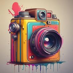 a colorful camera with paint splatters on the side and an image of a heart behind it