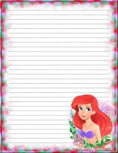 the little mermaid lined paper is shown in red and green colors with pink flowers on it