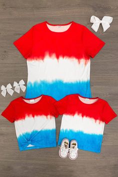 Casual Multicolor T-shirt For 4th Of July, Casual Multicolor Tops For 4th Of July, Playful Tie-dye Short Sleeve T-shirt, Playful Tie Dye Short Sleeve T-shirt, Playful Crew Neck T-shirt For 4th Of July, Playful T-shirt For 4th Of July With Crew Neck, Multicolor Cotton Top For 4th Of July, Playful Tie Dye Tops For Summer, Summer Family Matching Short Sleeve Tops