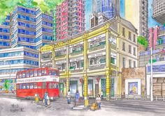 a drawing of a city street with buildings and a red double decker bus in the foreground