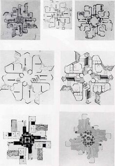 four different types of architectural drawings in black and white, each with an abstract design