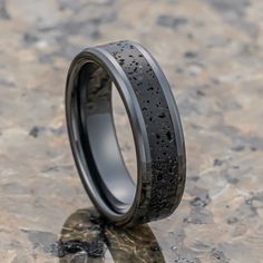 6mm Black Ceramic Wedding Band with Black Gray Lava Rock Stone Ceramic Wedding, Jewelry Ceramic, Groom Ring, Ceramic Ring, Ceramic Rings, Stone Inlay, Lava Rock, Titanium Rings, Ceramic Jewelry