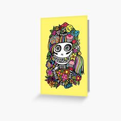 "Happy Birthday" - Art Greeting Card by Ray Dust. This skull girl is dressed head to toe with cake, flowers, candles, rainbows, hearts and smileys to celebrate your special day! For her, for him, mother, mom, mum, mummy, dad, daddy, sister, brother, gift