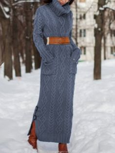 High Neck Long Sleeve Sweater Dress, Lake Blue / M Fashion Timeline, Sweater Dress Casual, Winter Wishes, Cable Knit Sweater Dress, Sweater Maxi Dress, Cable Knit Turtleneck Sweater, Warm Dresses, Dress Sweater, Turtleneck Sweater Dress