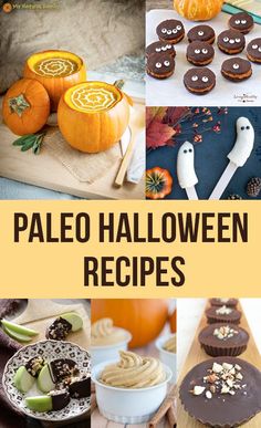 a collage of halloween treats with pumpkins, cookies and other foods on them