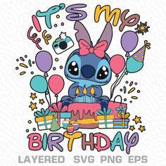 a cartoon character holding a birthday cake with candles and balloons in the background that says it's me, birthday layered svg png eps