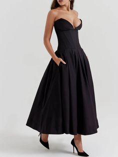 Black Strapless Midi Dress – Likemychoice Black Strapless Midi Dress, Hak Tinggi, 파티 드레스, Strapless Corset, Elegant Maxi Dress, Tube Top Dress, Strapless Midi Dress, Pleated Midi Dress, Komplette Outfits