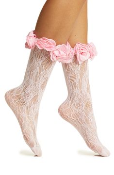 Pretty pink roses trim stretchy lace socks that are destined to make a statement. Acrylic/polyester/spandex Hand wash, dry flat Imported White Stretch Hosiery With Lace Trim, White Stretch Lace Trim Hosiery, Spring Lace Fitted Stockings, Fitted Lace Stockings For Spring, Spring Fitted Lace Hosiery, Spring Thigh-high Legwear With Lace Trim, Stretch Lace Knee-high Stockings, Fitted Pink Spring Stockings, Summer Lace Socks With Lace Trim