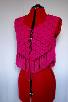 Crochet vest, crochet top vest, crochet top, summer top, lace vest, women's top, gift for her, vest top, crop top vest The lace top is knitted of magenta yarn consisting of cotton and viscose. The yarn is soft and delicate. Things made from it are pleasant to the body and wear well. It can be worn as a top in hot summertime with lacing at the back or front, as well as a top vest over a blouse in cool weather. The length of the lace top is 38 cm or 15 inches and the length of the fringe is 9 cm o Crochet Top Summer, Magenta Top, Lace Umbrella, Vest Crochet, Cotton Cord Necklace, Crochet Boho Top, Mercerized Cotton Yarn, Crochet Boho, Lace Vest