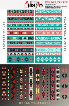 "13 Native American Patterns Border Digital Stencil and Decal Templates - vector and raster digital files to use for your crafting projects. These are digital templates, no physical items will be sent. You can use these templates to make your own Mylar film stencils or vinyl decals to decorate furniture, wood boxes, etc. You will receive this set in 5 file formats: SVG (4 vector files - unlimited resizing with no quality loss) EPS (1 vector file - unlimited resizing with no quality loss) PDF (1 Native American Embroidery Designs, Native Patterns Design, Native American Geometric Designs, American Indian Patterns, Indigenous Design Patterns, Native American Motifs, Native American Patterns Design, Native American Embroidery Patterns, Native American Pixel Art