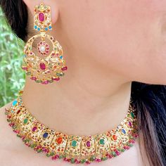 traditional navratna necklace set 22k Gold Jewelry Necklaces, 22k Gold Jewelry, Hanging Beads, Chandbali Earrings, Pearl Necklace Set, Gold Jewelry Necklace, Emerald Necklace, Gold Bangle Bracelet, 22k Gold