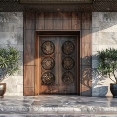 two potted plants sit on the steps in front of an entrance to a building