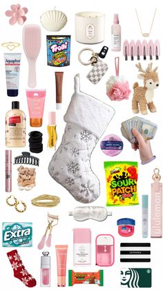 the contents of a christmas stocking are arranged on a white background with pink accents