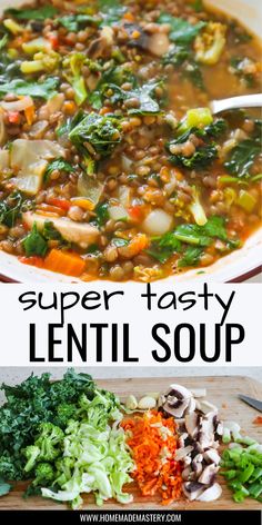 lentil soup with mushrooms, spinach and carrots in a white bowl on a cutting board