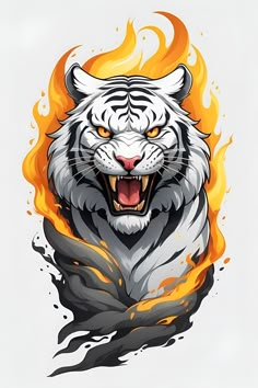 a white tiger with orange and yellow flames