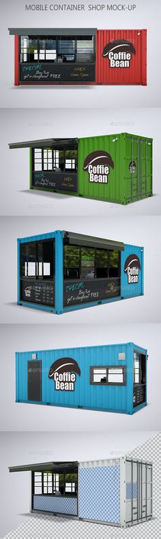 several different types of shipping containers stacked on top of each other in various colors and sizes