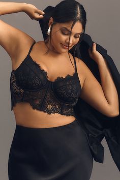 The top-rated Giselle is a longline bustier complete with underwire cups, bodice boning, and flirty eyelash lace detail. | The Giselle Lace Bustier by Anthropologie in Black, Women's, Size: Medium, Nylon/Elastane Lace Bustier, Black Corset, Lace Bralette, Top Rated, Lace Detail, Bralette, Bodice, Anthropologie, Hand Wash