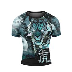 a t - shirt with an image of a tiger on it's chest and head